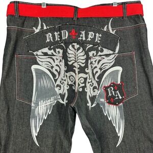 Red Ape Denim Jeans Mens 42 Black Red Embroidered Wings Y2K Streetwear With Belt